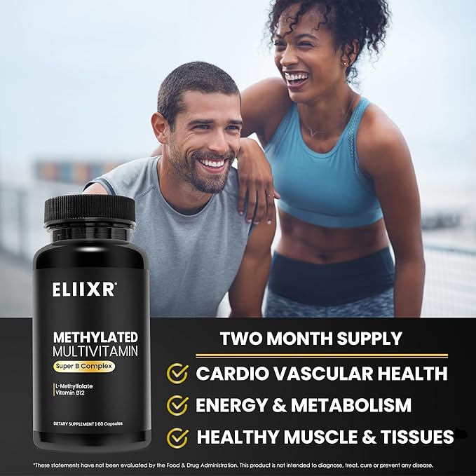 Eliixr Methylated Multivitamin Supplement for Men and Women with Active Methyl B12 and 5-MTHF Methylfolate 60 Vegetable Capsules Iron Free Made in The USA