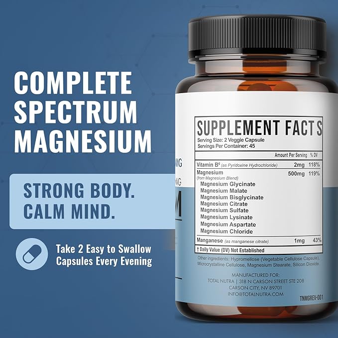 10-in-1 Magnesium Supplement 500 mg | High Absorption Magnesium Complex with Mag Glycinate, Citrate, Vitamin B6 Magnesium for Sleep, Muscle, Bone & Heart Health, Vegan & Gluten-Free, 45 Day Supply