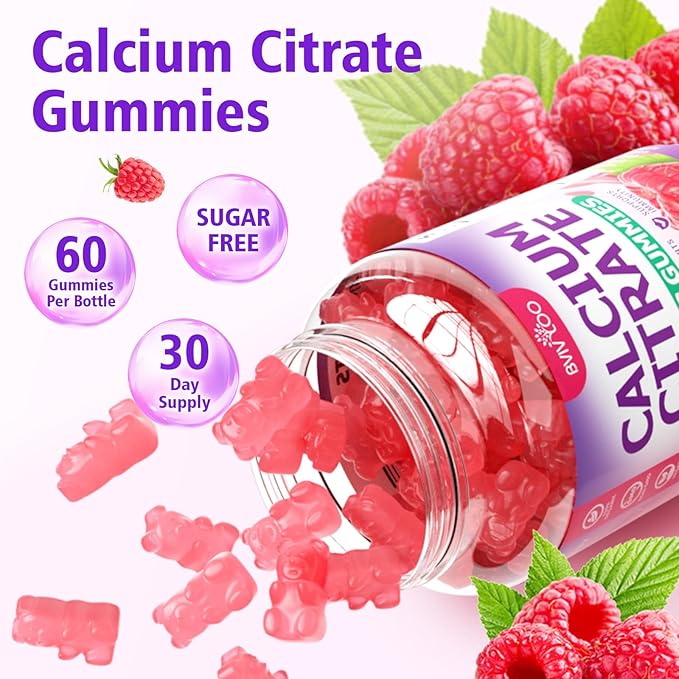 High Absorption Calcium Citrate Gummies 1200mg - Bone & Teeth Support for Adults & Kids, Vegan, Non-GMO, Sugar-Free Gummies, Raspberry Flavor, 60 Count