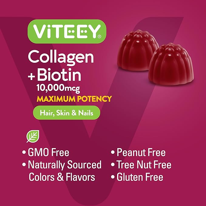 Viteey Collagen Gummies with Biotin Gummies for Hair Skin and Nails Vitamins - Biotin and Collagen Supplements for Women & Men - Vegan, Gluten-Free – 60 Count