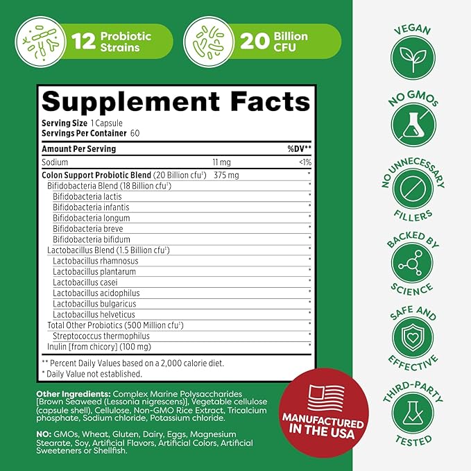 Probulin Colon Support Probiotic Supplement, Daily Gut, Digestive, and Immune Health Probiotics Capsules for Men and Women, 20 Billion CFU, Vegan, 60 Count Bottle