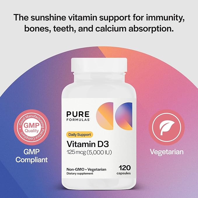 PureFormulas Vitamin D3 5,000 IU 125 mcg - Pure Vitamin D Supplement for Healthy Bone Formation, Teeth, Cardiovascular Health, and Immune Support Non-GMO - 120 Count Vegetarian Capsules
