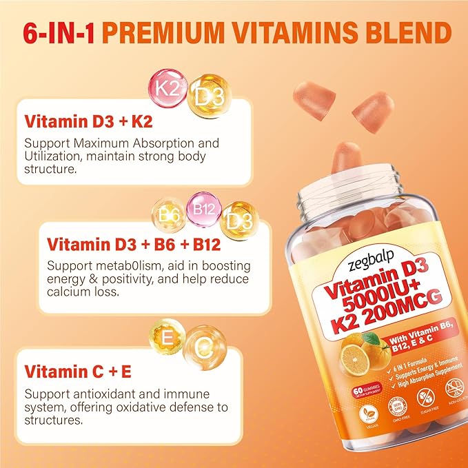 2Packs Vitamin D3 K2 Gummies for Adults, Sugar-Free Vitamin D3 5000IU + K2(MK-7) 200mcg Supplement with Vitamin B Complex & Vitamin C E Supports Bone, Muscle, Teeth & Immune, Vegan, Gluten Free