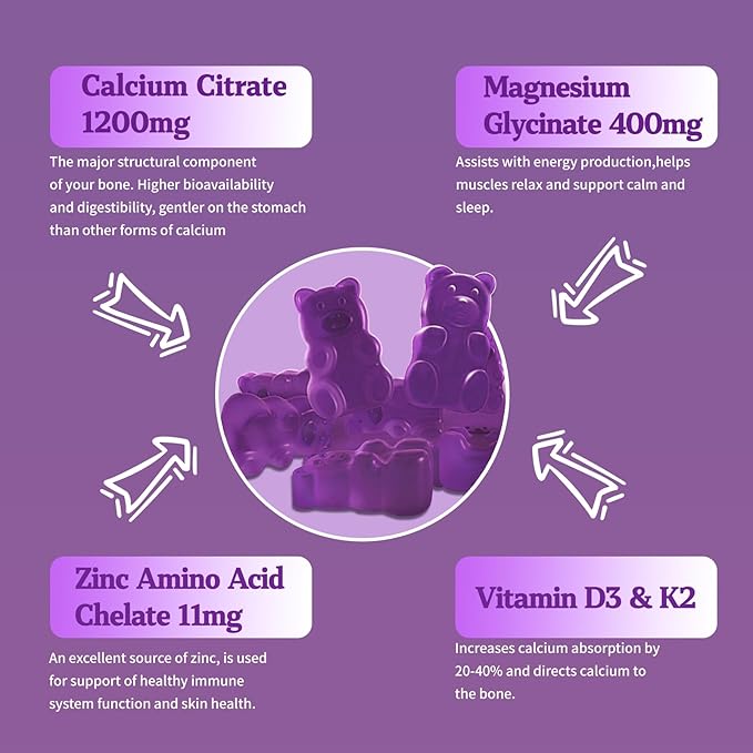 (2 Pack) OALSE Calcium Magnesium Zinc Gummies with Vitamin D3 & K2-High Absorption Magnesium Glycinate-Muscles, Immune & Sleep Support-Sugar Free- Blueberry Flavored-120 Counts