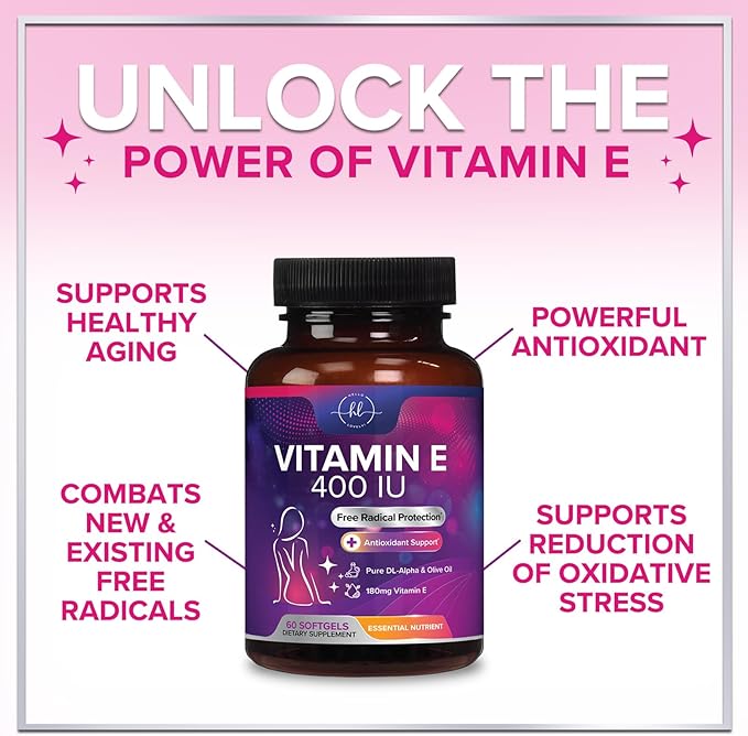 Vitamin E for Women and Men - 180 mg (400 IU) dl-Alpha - Powerful Antioxidant Dietary Supplement - Hair, Skin, & Immune Health Support - Easily Absorbed Form, Non-GMO & Gluten Free - 60 Softgels