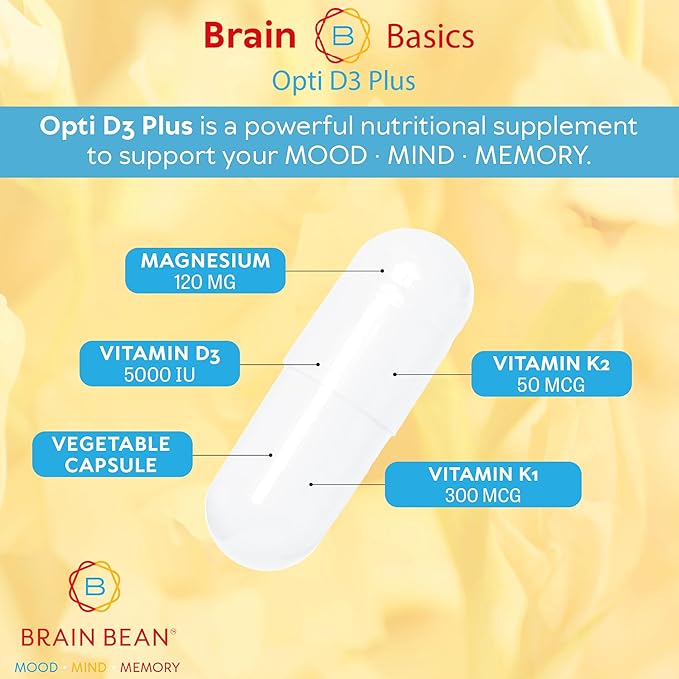 Brain Basic Opti D3 Plus - Vitamin D3 5000 IU with K1, K2, and Magnesium - Brain Support Supplement for Mood, Mind, Memory - Bone, Muscle, and Immune Health - Gluten Free, Soy Free, and Dairy Free