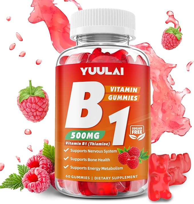 Vitamin B1 Gummies 500mg for Adults & Kids, Thiamine B1 Supplement with Magnesium, Vitamin B1 Supplement for Nervous System Supports & Boost Energy, Raspberry Flavor, 60 Count