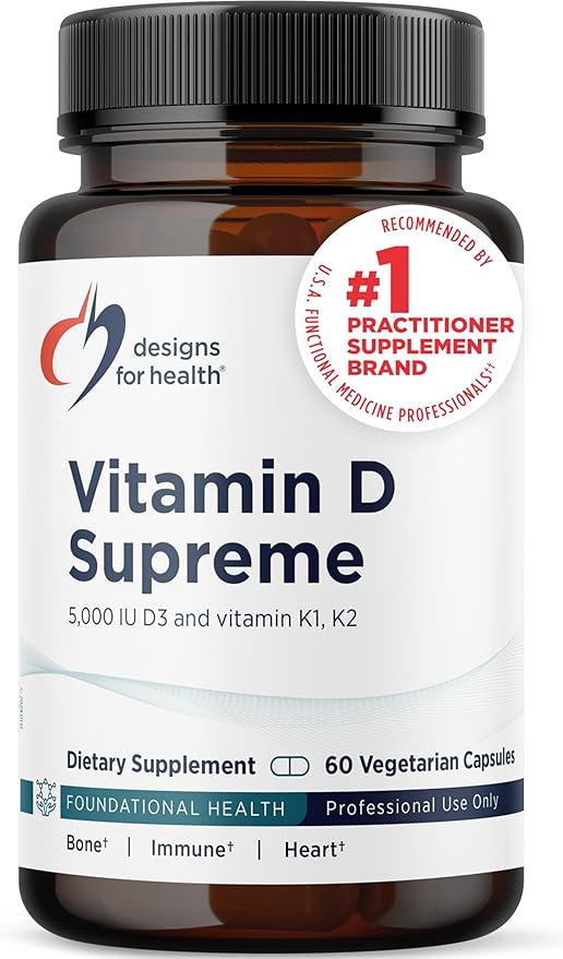Designs for Health Vitamin D Supreme - Vitamin D 5000 IU with 2000mcg Vitamin K as MK4 for Bone Health, Heart Health & Immune Support - Vitamin D3 Enhanced with GG Supplement (60 Capsules)