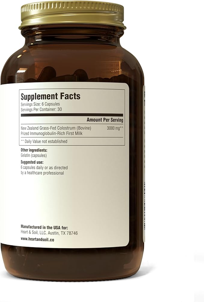HEART & SOIL Bovine Colostrum – 3000mg Grass Fed Colostrum Supplement for Gut, Immune Support & Muscle Recovery – Non-GMO, Allergen-Free – 180 Capsules