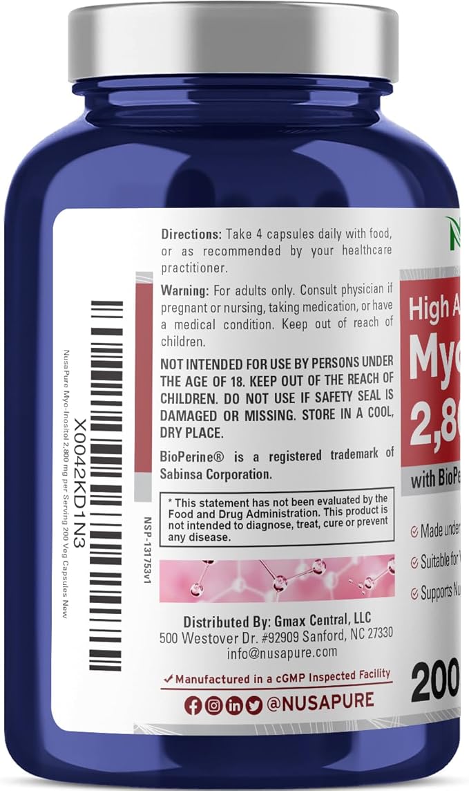 NusaPure Myo-Inositol 2800mg, 200 Capsules, Extra Strength Supplement, Non-GMO