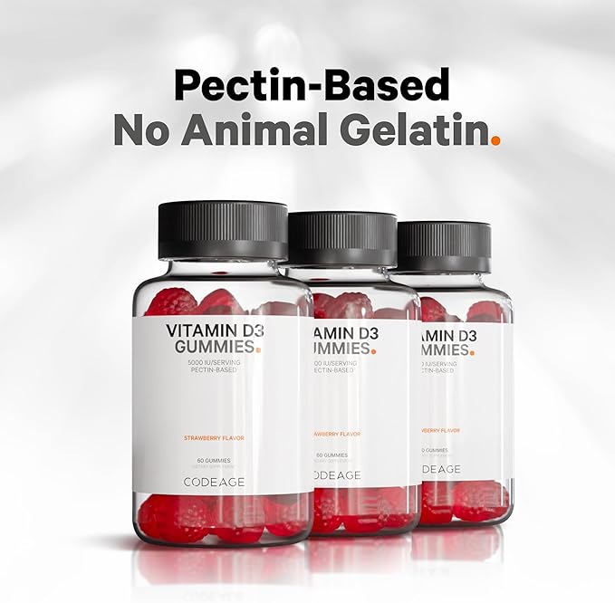 Codeage Vitamin D3 Gummy Vitamins, Vitamin D3 5000 IU Gummies Cholecalciferol 125 mcg, Soft Pectin-Based, Animal Gelatin-Free Gummy, Gummies Vitamins, Tasty Strawberry, Non-GMO - 2-Pack