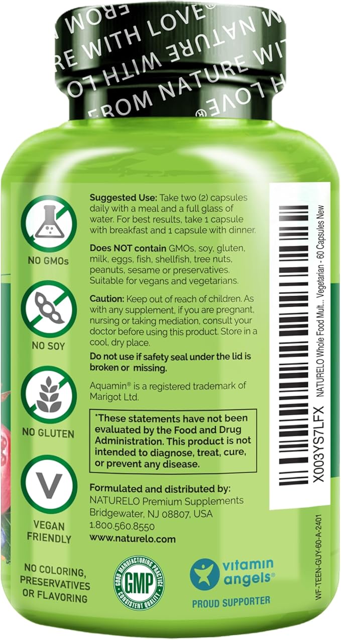 NATURELO Teen Multivitamin - Whole Food Multivitamin for Teenage Boys - Minerals Supplement for Active Kids - with Plant Extracts - Non-GMO - Vegan & Vegetarian - 60 Capsules (Pack of 2)