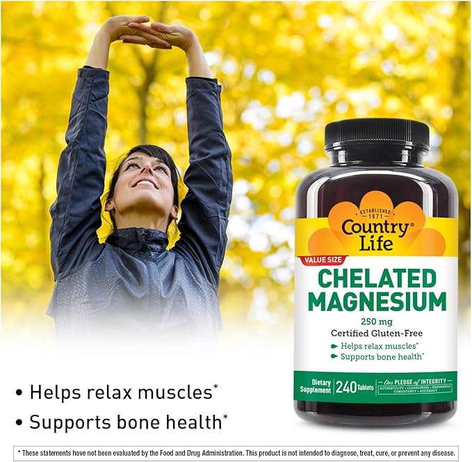 Country Life, Chelated Magnesium 250mg, Supports Bone and Immune Health, Daily Supplement, 240 ct