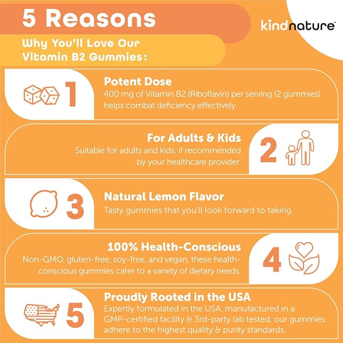 kindnature Vitamin B2 Gummies - Riboflavin 400mg Supplement for Kids & Adults - Non-GMO, Soy & Gluten-Free, Vegan Chewable Gummies (30 Day Supply)