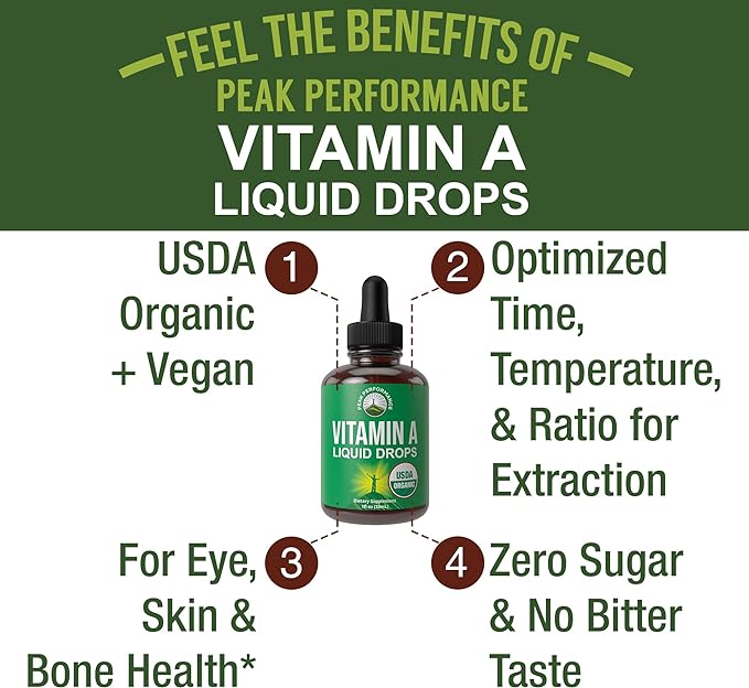 USDA Organic Vitamin A Liquid Drops Supplement. Vegan High Bioavailability for Eye, Skin, and Bone Health. for Adults, Men, Women, Kids. Organic VIT A Oil Retinyl Palmitate. Gluten Free, Zero Sugar
