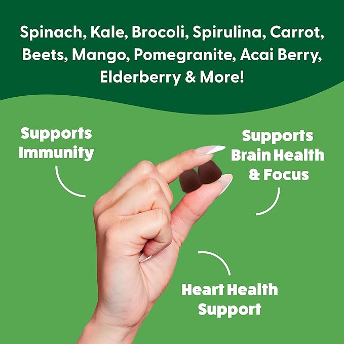 Super Greens Gummies - Green Superfoods Supplement with Spinach, Broccoli, Kale, Beet Root, Elderberry for Immunity Support - Fruit and Vegetable Supplement - Watermelon Flavor, 60 Gummies