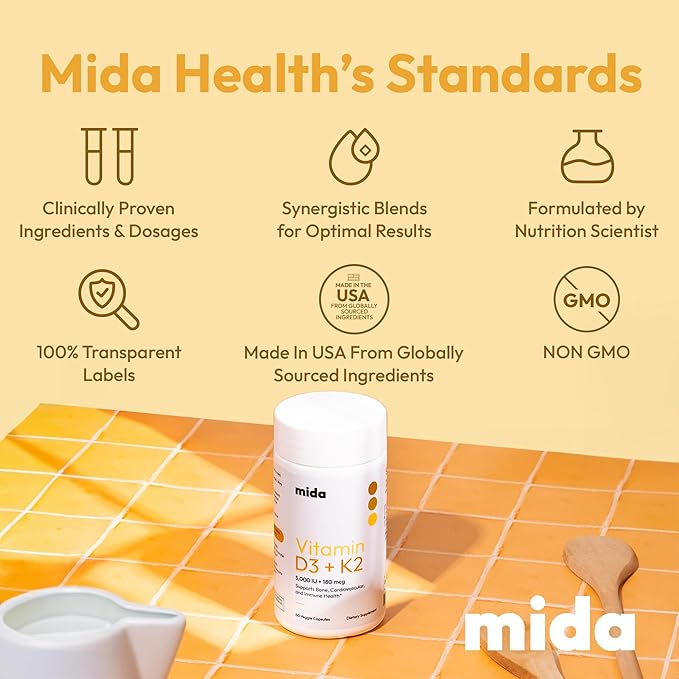 Mida Health® D3 K2 Vitamin 5000 IU with MK-7 | Natural Supplement for Bone, Heart, and Immune Support | Adult Vegan Capsules | 60 Servings