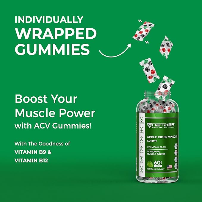 Apple Cider Vinegar Gummies with Vitamin B9 & B12 β 60 Vegan Gummies β Muscle Power Support, Digestive Health, Immunity Boost β Gelatin-Free, Gluten-Free, Soy-Free β Green Apple Flavor