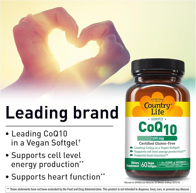 Country Life Simply CoQ10 100mg – Heart Function & Cellular Energy Support Supplement, Pure Coenzyme Q10 for Antioxidant & Cardiovascular Health, Certified Gluten Free & Vegan, 60 Softgels