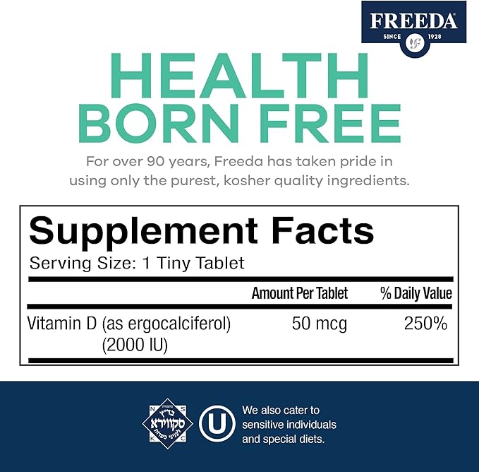 FREEDA Vitamin D2 2000 IU – Vegan Vitamin D for Bone Strength & Immune Support – Vegan Ergocalciferol D2 Supplement – 100 Tiny Tablets