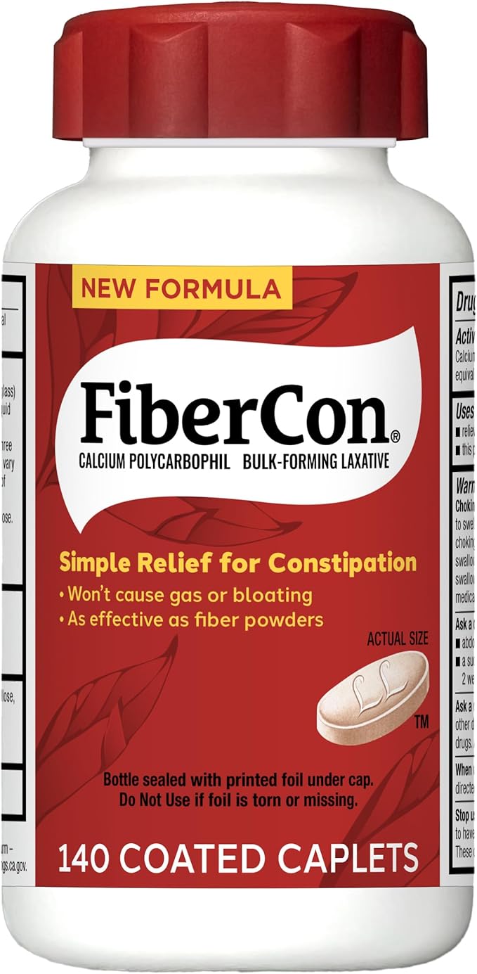 FiberCon Fiber Therapy Coated Caplets, Safe, Simple & Comfortable Insoluble Fiber for Bowel Irregularity, Comfortable Constipation Relief with No Gas or Bloating, 140 Caplets