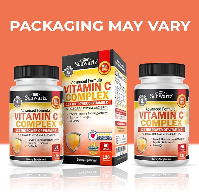 BioSchwartz Vitamin C Complex Supplement - Vitamin C 1000mg Capsules with Rose HIPS Zinc and Citrus Bioflavonoids for Immune Health, Cellular Energy, Collagen Production, 120 Count (60 Day Supply)