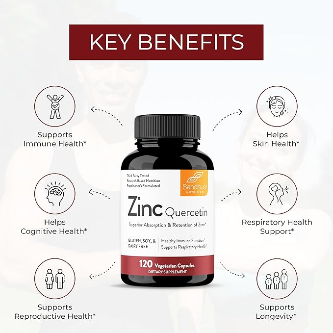 Sandhu's Zinc Quercetin 120 Vegetarian Capsules (Pack of 1) | Zinc Supplements for Antioxidant Immune Support for Men and Women | Gluten, Soy, Dairy Free