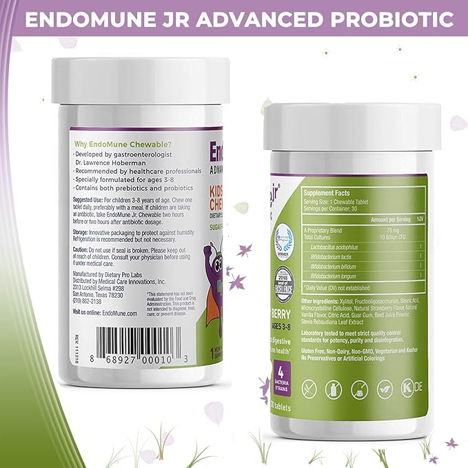 EndoMune Jr Advanced Kids Probiotic and Prebiotic | 10 Billion CFUs | 4 Strains Bacteria and FOS Prebiotic | Physician Formulated | 30 Chewable Tablets