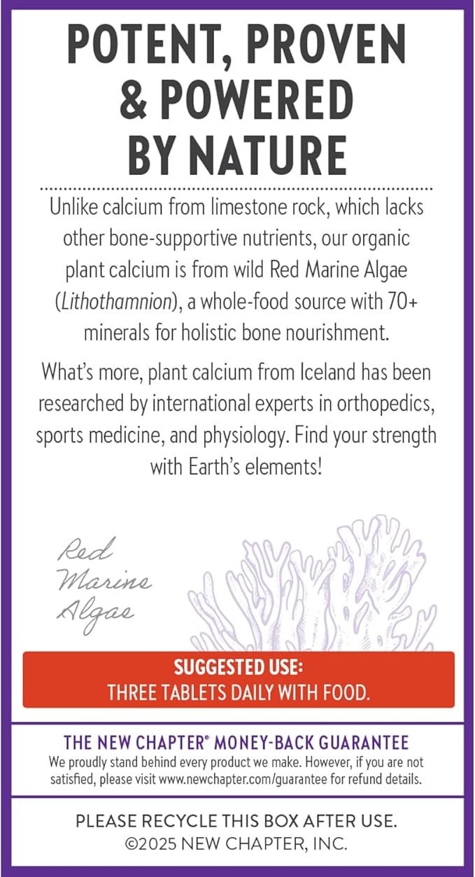 New Chapter Calcium Supplement - Bone Strength Organic Calcium with Magnesium, Vitamin D3+K2, 70+ Trace Minerals for Bone Health, Gluten Free, Easy to Swallow Slim Tablets - 120 Count