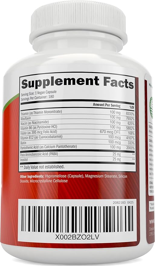 Vitamin B Complex - 8 Super B Complex Vitamins with Choline & Inositol, Vitamins B1, B2, B3, B5, B6, B8, B9 & B12 - B100 Complex - 180 Vegan Capsules - 6 Month Supply - Made in The USA