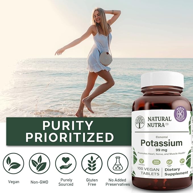 Natural Nutra Elemental Potassium Gluconate 99 mg Dietary Supplement – Promotes Energy, Helps Boost Nervous System, Promotes Heart Health, Mineral Regulation, Muscle Function - 100 Vegan Tablets