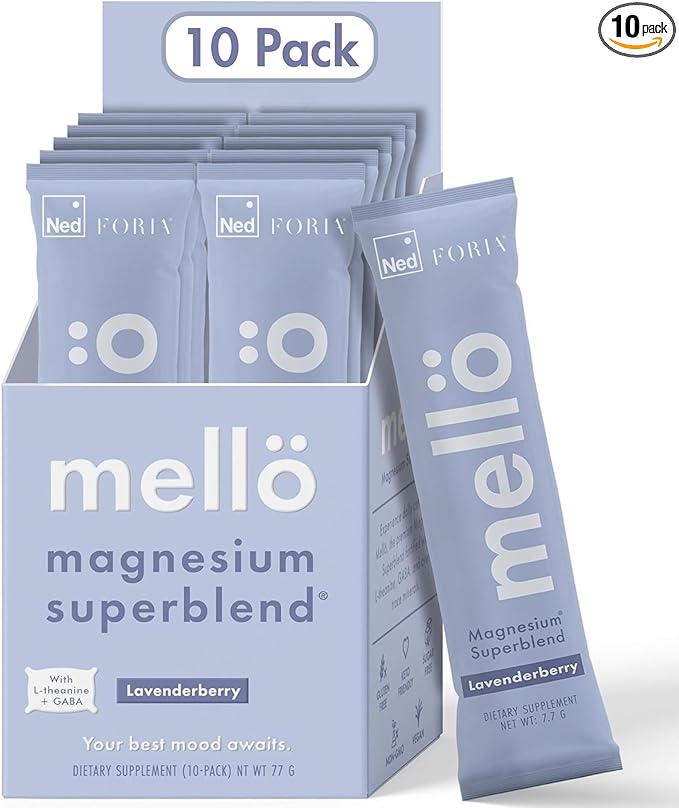 mellö Magnesium Supplement Superblend Powder - Magnesium Glycinate with L-Theanine, GABA, and Trace Minerals - Supports Sleep, Relaxation, and Balanced Energy - Lavenderberry Flavor, 10-Pack, Singles