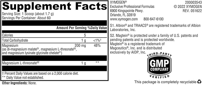 XYMOGEN OptiMag Neuro - Chelated Magnesium Powder - With Magnesium Glycinate & L-Threonate - Support Brain Health & Relaxation - Unflavored (60 Servings)