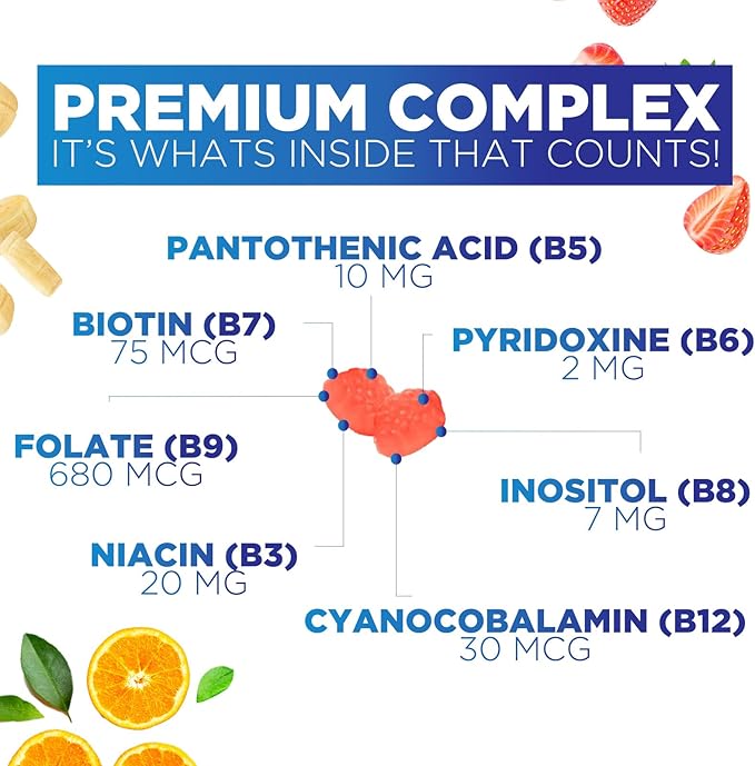 B Complex Gummies with Vitamin C & Folic Acid, Extra Strength Super Vitamin B Gummies Supplement with Niacin, B6, Folic Acid, B12, Biotin, Nature's Energy Immune Support Supplements - 60 Gummies