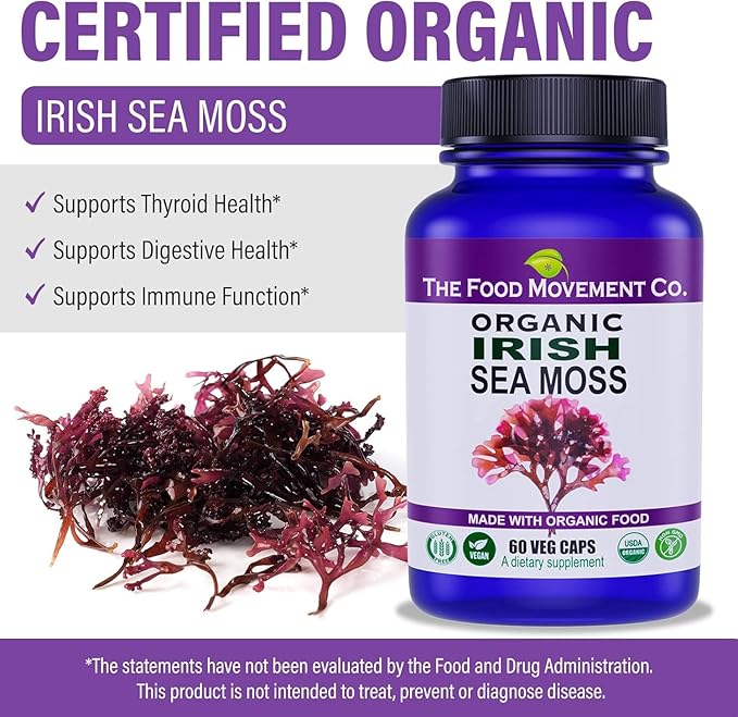 Irish Sea Moss, Organic Prebiotic Food, Over 70 Trace Minerals, Supports Healthy Elimination, Digestion and Immune Support 120 Vegan Capsules