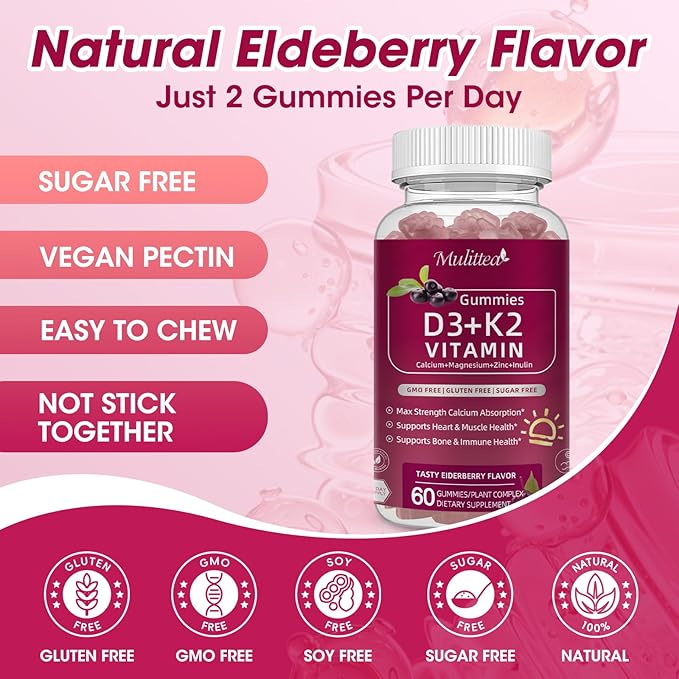 Vitamin D3 10000 IU + K2 (MK-7) 200mcg w/Calcium Magnesium Zinc Elderberry & Inulin-Highly Bioavailable-Enhanced Absorption for Immune & Bone Support- K2 D3 Vitamin Supplement-Vegan Gummies