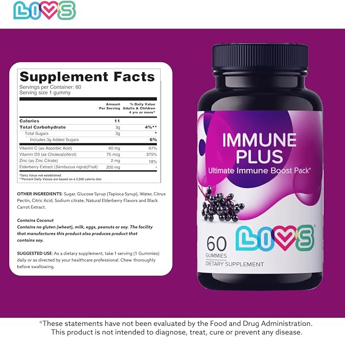 Immune Plus Gummies – Elderberry Extract with Vitamin C, D3, & Zinc | Plant Based Immune Support Supplements for Adults & Kids | Gluten Free & Chewable Elderberry Flavored Gummy Vitamins - 60 Ct