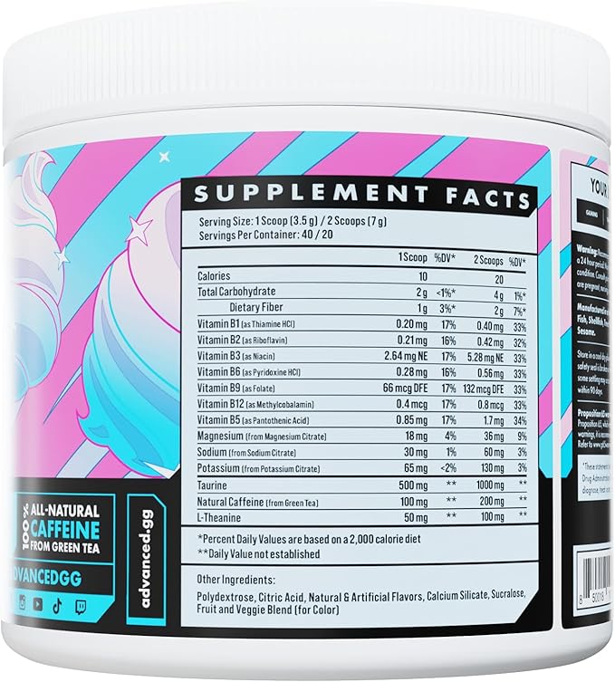 Advanced Energy - Energy Boosting Formula with Electrolytes for Hydration - L-Theanine to Combat Jitters - Sugar Free & Keto Friendly - No Maltodextrin (40 Servings) (Cotton Candy)