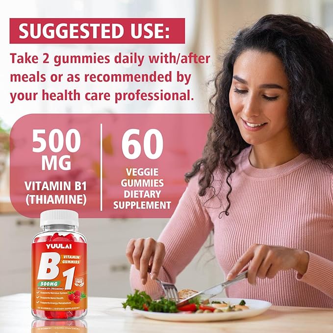 Pack of 2 Vitamin B1 Gummies 500mg for Adults & Kids, Thiamine B1 Supplement with Magnesium, Vitamin B1 Supplement for Nervous System Supports & Boost Energy, Raspberry Flavor, 120 Count
