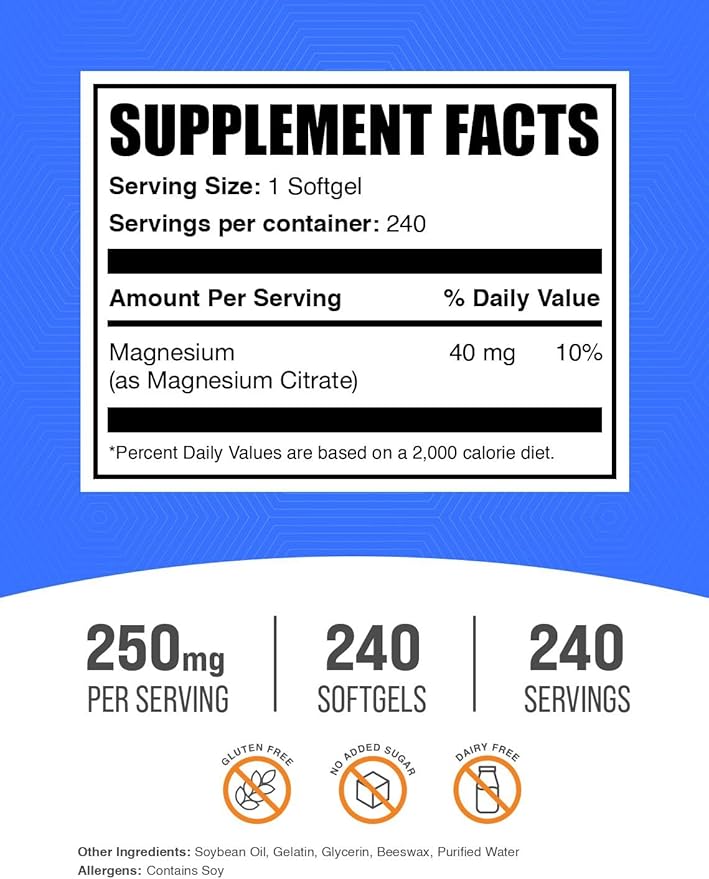 BulkSupplements.com Magnesium Citrate Softgels - Magnesium Supplement, Magnesium Citrate Supplement - 250mg (with 40mg Magnesium), Gluten Free, 1 Softgel per Serving, 240 Count (Pack of 1)