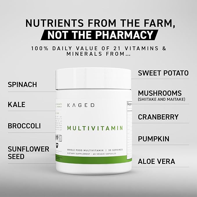 Kaged Multivitamin Capsules | Unflavored | Whole Foods Organic Fruits & Veggies | Plant Based Vegan Multivitamin | Vitamin C, D, E, B12 | Supplements for Men & Women | 30 Servings