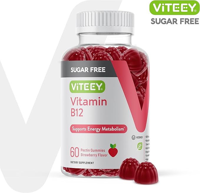 Viteey Vitamin B12 Gummies for Adults & Teens 1000mcg, Sugar Free - Good for Energy, Metabolism, Natural Energy Support - Vegan, Gelatin Free, Gluten Free, GMO Free - Chewable Strawberry Flavored