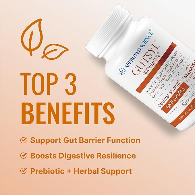 Approved Science® Gutsyl- Leaky Gut Supplement- Protect GI Tract with Aloe Vera, Marshmallow Root, Licorice, and Slippery Elm- Contains Prebiotic and BioPerine- 6 Month Supply