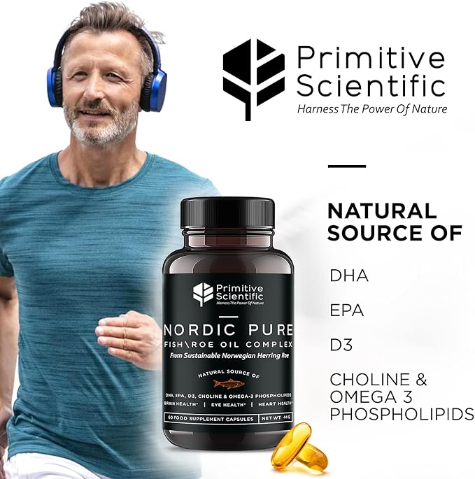 Nordic Pure Fish Roe Oil Complex (60 Fish Oil Capsules) for Brain, Immunity & Vision - Heart Supplement w/EPA, DHA, Vitamin D3, Choline - Fish Oil Omega 3 Supplements