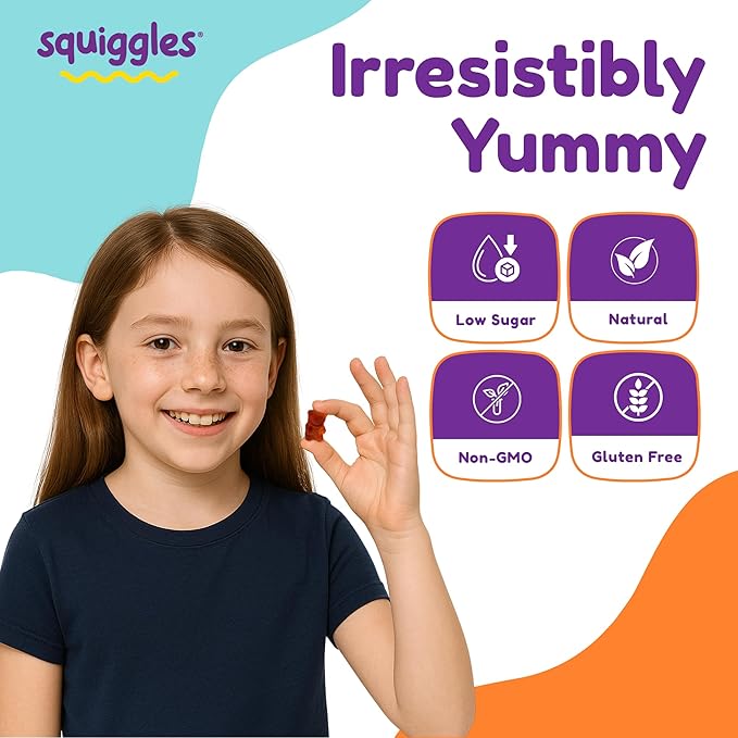 Squiggles Kids Multivitamin + Iron Gummies - Low Sugar Gummy Vitamins with Iron Supplements for Kids - Broad Spectrum of Vitamins and Minerals, Chewy, Yummy Berry Flavor (100 Count)