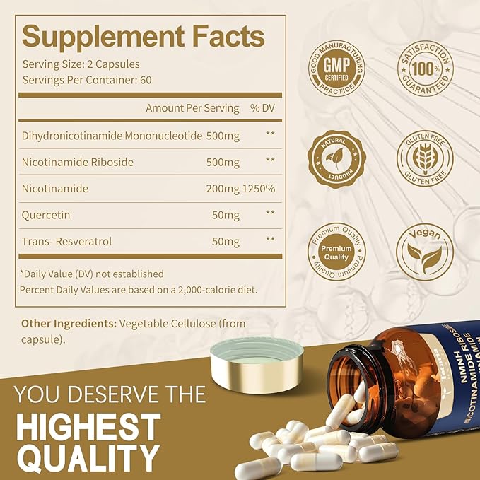 NMNH (Dihydronicotinamide Mononucleotide), NMN Alternative Supplement w/Niacinamide (Vitamin B3), Quercetin, Trans-Resveratrol, Support NAD+, Skin Cell Health*, Anti-Aging & Energy, 120 Caps