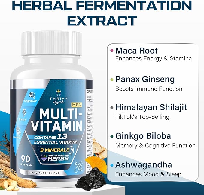 Men Multivitamins 50 Plus - Daily Multivitamin for Men with Fermented Herbal Extracts & 43 Nutrients - Mens Vitamins Supports Memory & Brain, Energy, Bone Health (2 Pack)