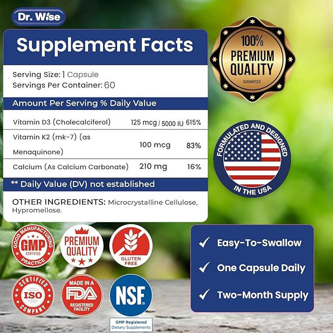 Dr. Wise Vitamin D3 + K2 – 5000 IU D3 with MK-7, One Per Day, for Strong Bones, Heart Health & Rejuvenated Vitality – Easy Swallow, Non-GMO – 60 Capsules, 2-Month Supply