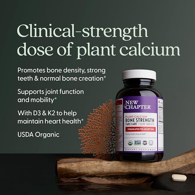 New Chapter Calcium Supplement - Bone Strength Organic Calcium with Magnesium, Vitamin D3+K2, 70+ Trace Minerals for Bone Health, Gluten Free, Easy to Swallow Slim Tablets - 120 Count