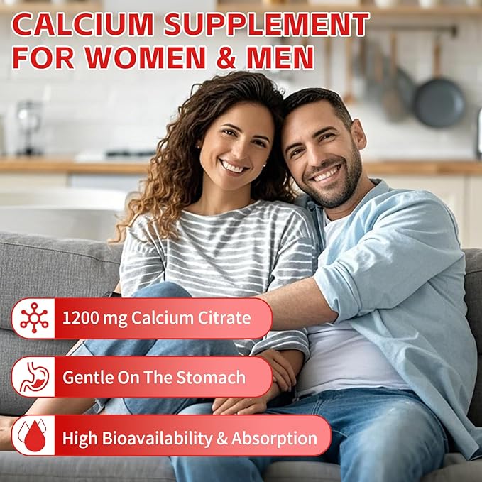 Calcium Citrate Gummies 1200mg, Chewable Calcium Supplement for Women & Men, Sugar Free Calcium for Bone, Muscle & Immune Support, Gluten Free, Vegan, Non-GMO, Strawberry Flavor, 60 Count